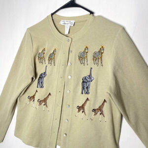 Vintage Womens Cardigan Sweater Size S Novelty Zoo Animals Patches Teacher 90s